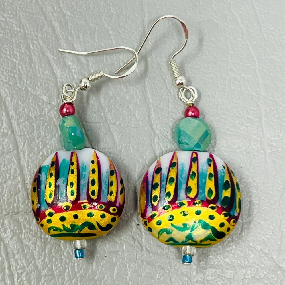 Hand‎ Painted Glass Bead Dangle Earrings Yellow Teal Gold Boho Drop Earrings